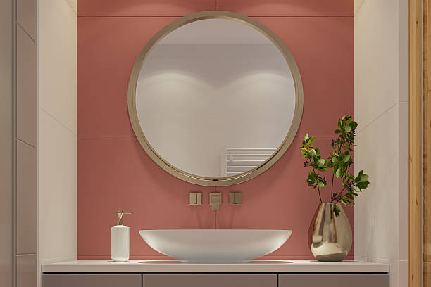 istock Modern Small Bathroom with Red Tile Accents and Spa Aesthetic 2214075942