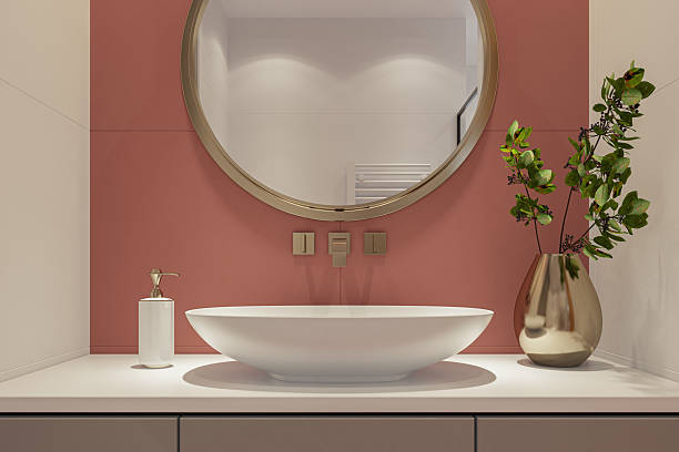 istock Modern Small Bathroom with Red Tile Accents and Spa Aesthetic 2214076101
