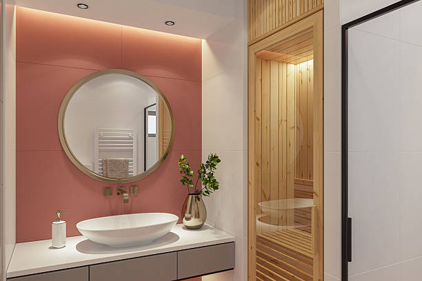 istock Modern Small Apartment Bathroom with Finnish Sauna and Spa Design 2214076194