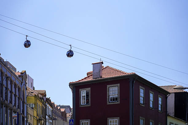 Two cable cars glide above a city street their wires stretching across colorful buildings A prominent maroon building with a terracotta roof is featured prominently in the foreground The clear blue sky provides a bright backdrop to this urban scene