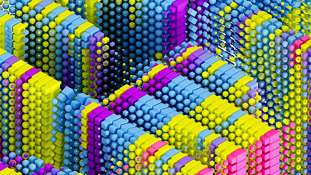 istock 3d render of abstract art of surreal decorative 3d background based on small constructor mosaic cubes boxes squares balls spheres particles in bright mix blue yellow and pink color on grey background 2214083278