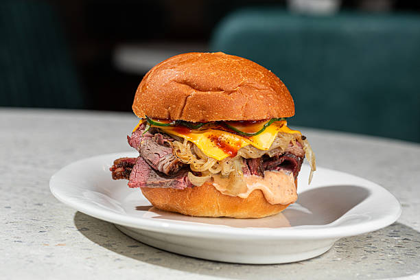 istock Appetizing american grilled brisket cheeseburger 2214084530