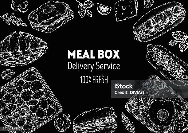 Lunch Box Frame Hand Drawn Vector Illustration Meal Box Sketch Top View ...