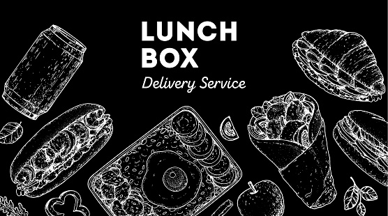 Lunch Box Frame Hand Drawn Vector Illustration Meal Box Sketch Top View ...