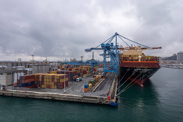istock Cargo Ship Unloading Containers at Industrial Port With Cranes 2214106107