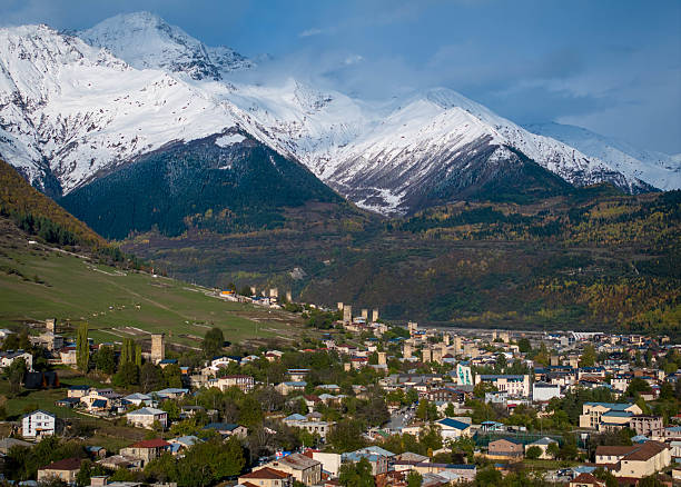 istock Mestia, Georgia: Townscape and Snowy Mountain Panorama 2214111387