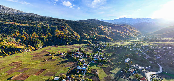 istock Mestia, Georgia: Townscape and Snowy Mountain Panorama 2214111498