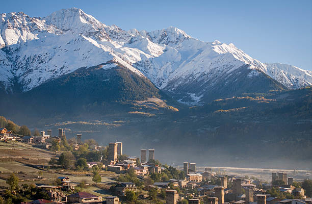 istock Mestia, Georgia: Townscape and Snowy Mountain Panorama 2214111520