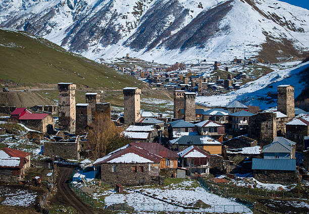 istock Mestia, Georgia: Townscape and Snowy Mountain Panorama 2214111552