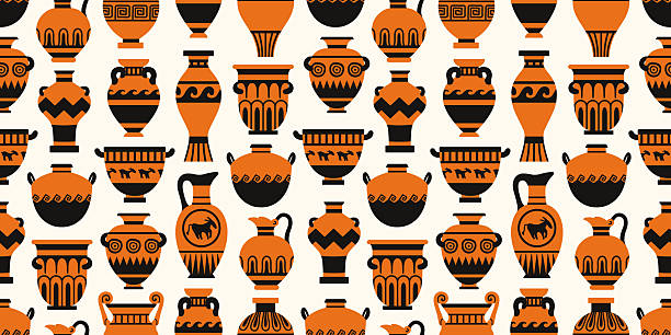 Seamless pattern featuring ancient Greek pottery in traditional black and terracotta tones. Perfect for history-themed projects, cultural backgrounds, or educational and decorative use.