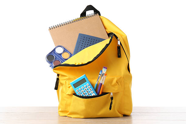 istock Backpack with different school stationery on wooden table against white background 2214128807
