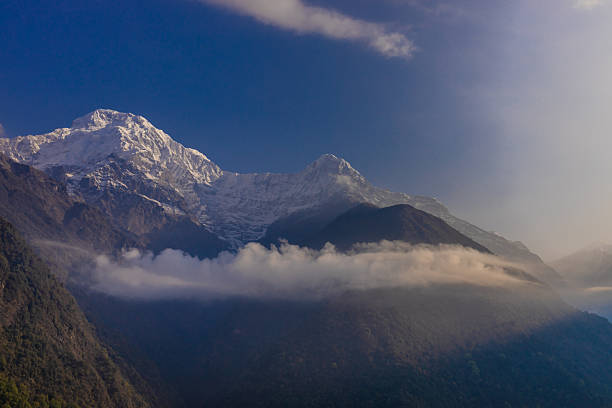 Annapurna Base Camp trek beautiful Himalaya mountains landscape view. Snow summits of Annapurna South, Machapuchare and Dhaulagiri seen from the Poon Hill and from the trekking path on the way Nepal