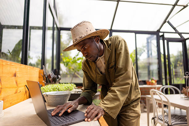 istock Farmer using laptop, managing greenhouse activities 2214138372