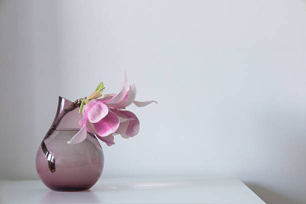 magnolia wreath in glass vase on wall background