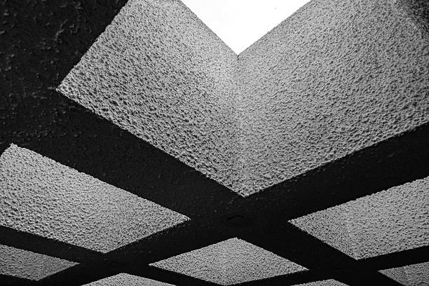 Abstract black and white image of a textured concrete ceiling featuring repeating square cutouts and a central skylight opening, creating a dramatic interplay of geometric patterns, light, and shadow.
