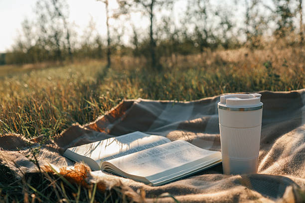 istock Blanket, Bible and thermos with tea, solitude on the field 2214148260