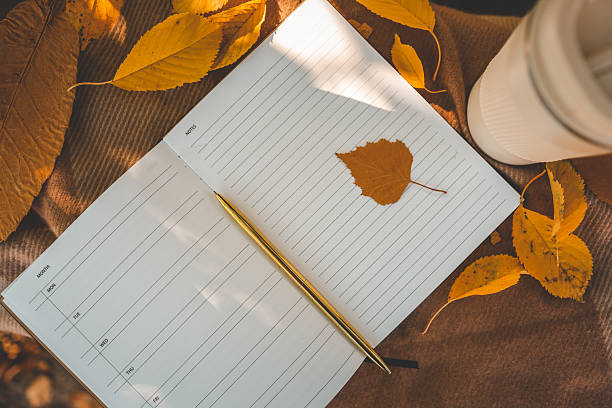istock Open planner with gold pen and autumn leaf on lined pages, surrounded by colorful fall leaves and warm blanket fabric in natural sunlight 2214148318