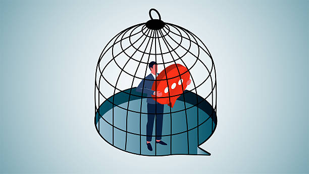 istock Freedom of speech or bias, trapped ideas or speech, language barriers or comprehension barriers, equidistant businessmen with speech bubbles trapped inside speech bubble cages 2214148459