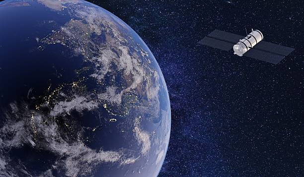 istock Satellite floating in orbit of the earth. Sci-fi style. Remote communication. Background, technology. 3D illustration. 2214158100