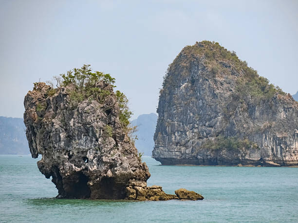 Ha Long Bay, a natural wonder in Northern Vietnam where thousands of jagged limestone islets and karsts in various shapes and sizes rise from the sea.