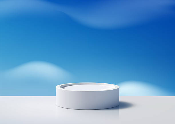 istock white cylindrical podium on blue sky minimalist 3d mockup clean glossy surface product display showcase modern 2214166502