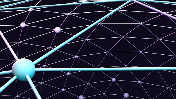 Graphic depicting a three-dimensional mesh of interconnected lines and spheres symbolizing data connectivity, neural networks, or futuristic web systems.