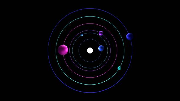 Abstract digital rendering of orbital paths with colorful spherical elements depicting a conceptual or artistic representation of solar system or molecular structure