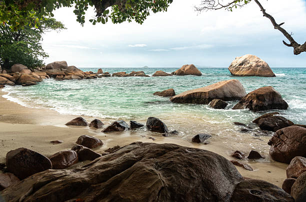 istock Tropical coast with large rocks, turquoise sea, sandy shore, tree branch and distant islands 2214169084