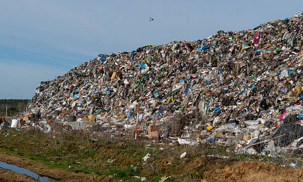 istock Massive landfill brimming with waste material, showing a mountain of garbage under blue sky, environmental pollution and a flying bird 2214173601