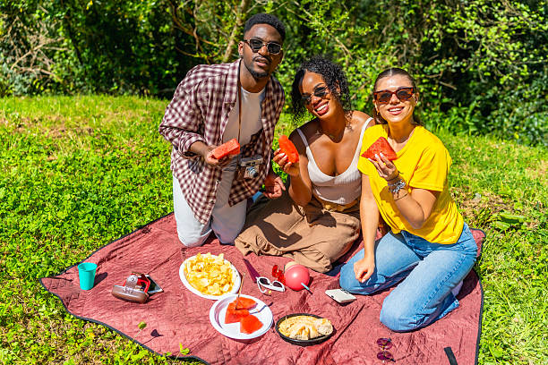 Generation z friends eating healthy food in park, vegan burgers, brown bread meat sandwiches and milk flavoured drinks