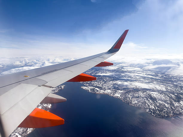 Aerial view of an airplane wing above stunning snowy mountains and a winding river. Breathtaking winter scene from a flight. Perfect for travel and aviation themes.