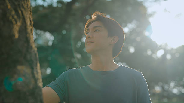istock Asian man touching on tree trunk in public park 2214182381