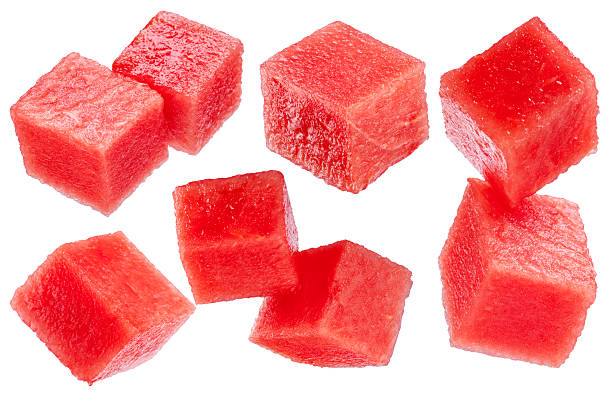 istock Watermelon cubes levitating in air on white background. File contains clipping paths. 2214185519