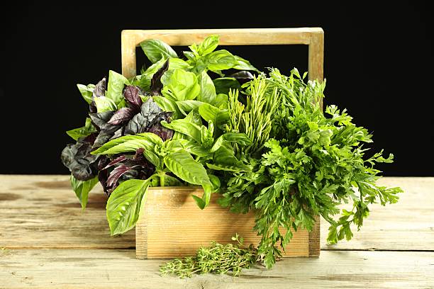istock Different aromatic herbs in crate on wooden table against black background 2214186102
