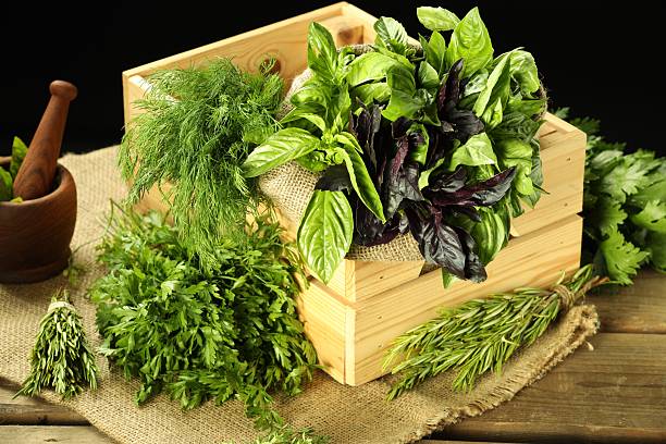 istock Different aromatic herbs in crate on wooden table against black background, closeup 2214186112