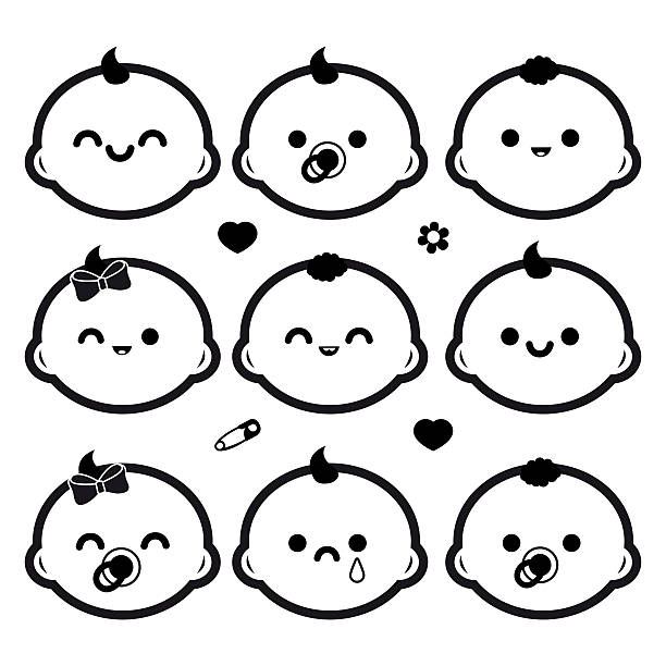 Cute newborn baby icons. Happy newborn baby infant signs, boys and girls children symbols. Outline icon collection. Baby care line icon set. Vector illustration Baby care line icon set. Cute newborn baby icons. Happy newborn baby infant signs, boys and girls children symbols. Outline icon collection. Vector Illustration black baby crying drawing stock illustrations