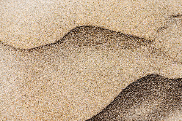 Top view of sandy beach and visible sand texture. Background template with copy space. Closeup yellow sand on the tropical coast in summer time. Gold desert in sunny day. Beauty of earth.