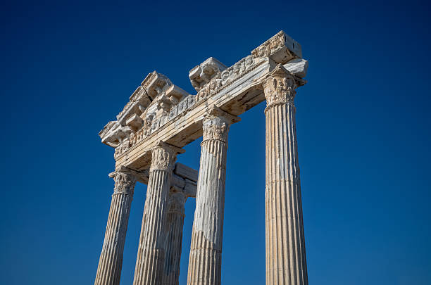 The Roman-era Temple of Apollo at Side in Turkey. The temple, with its white marble columns topped with Corinthian caps, dates to around 150 BC and is named after Apollo, the Roman god of art, beauty, light and prophecy.