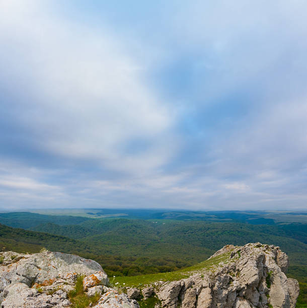summer green mountain valley covered by grass under blue cloudy sky
