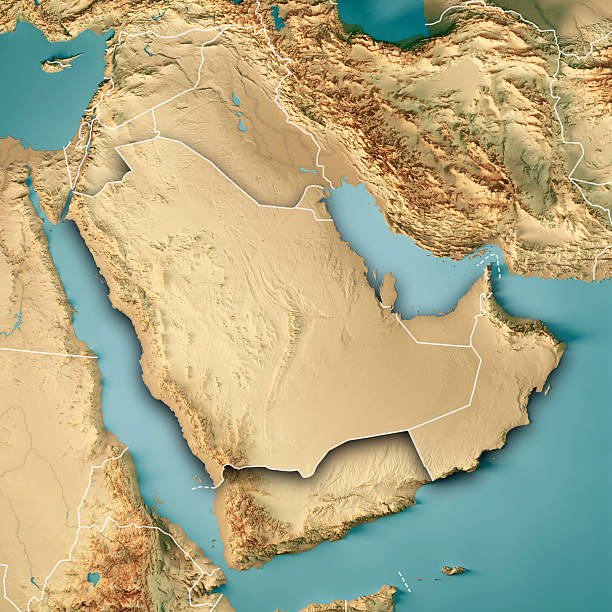 istock Six Arab Gulf States Topographic Map 3D Render Color Border 2214199509