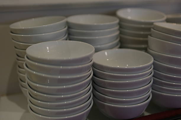 Beautiful Stacked White Bowls Close-Up. High quality photo