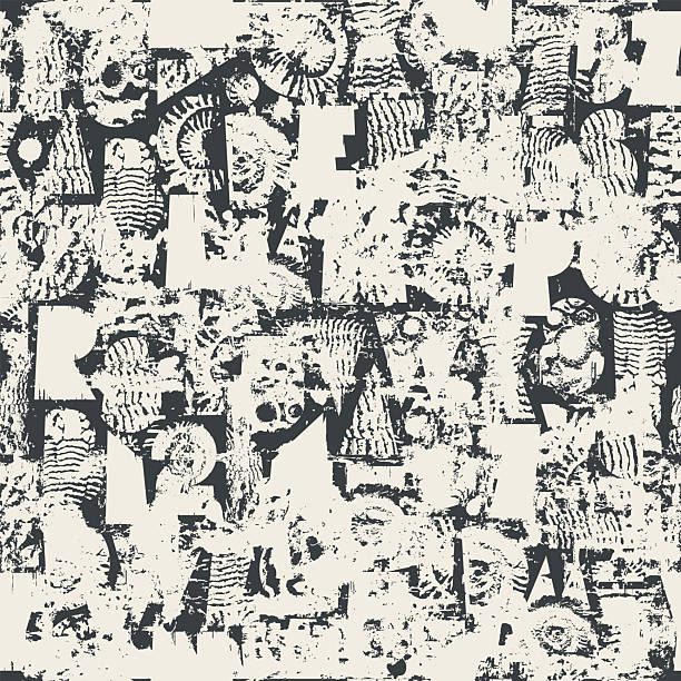 istock Abstract vector seamless background pattern with font on the theme of paleontology and grunge texture 2214206334