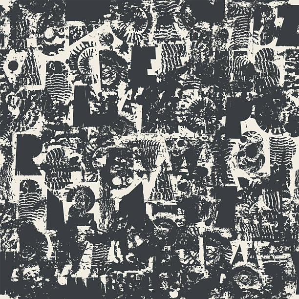 istock Abstract vector seamless background pattern with font on the theme of paleontology and grunge texture 2214206369