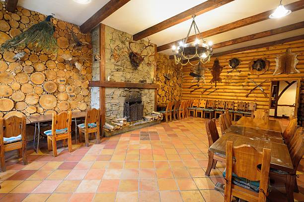 istock Inside view on restaurant, pub vintage wooden interior 2214212577