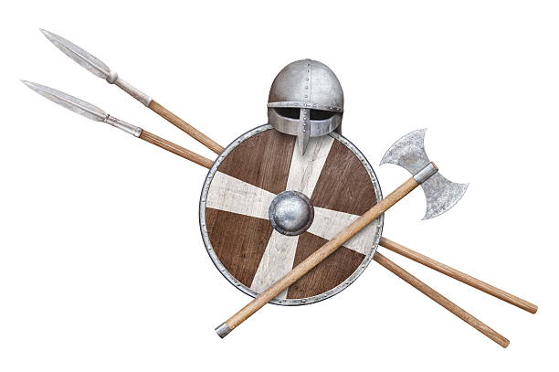 viking's helmet axe wooden shield and two spears isolated on white