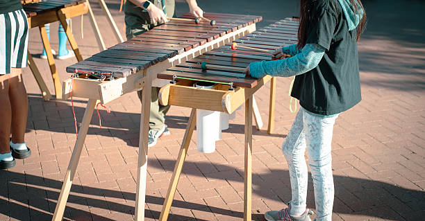 istock Panorama view elementary school students playing marimbas mallet at public park in Coppell, Texas, outdoor music performance on instrument built in wooden decking boards, PVC pipes, orchestras 2214230343