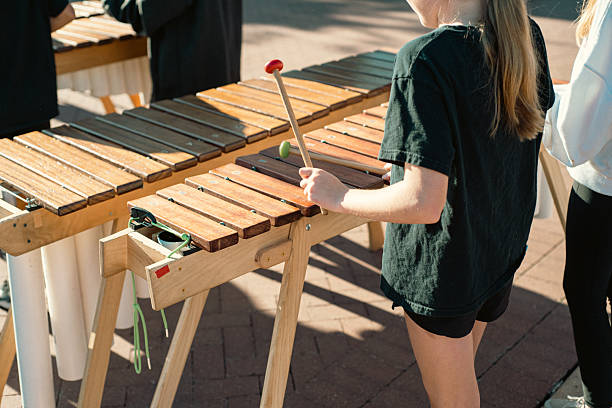 Rear view elementary school students playing marimbas mallet struck at public park in Coppell, Texas, outdoor music performance on instrument built in wooden decking boards, PVC pipes, orchestras. USA