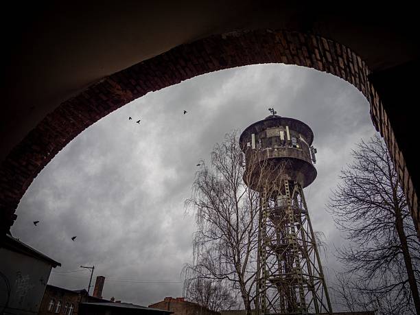 A vintage water tower framed by a brick archway against a cloudy sky with birds flying, creating a moody urban scene.