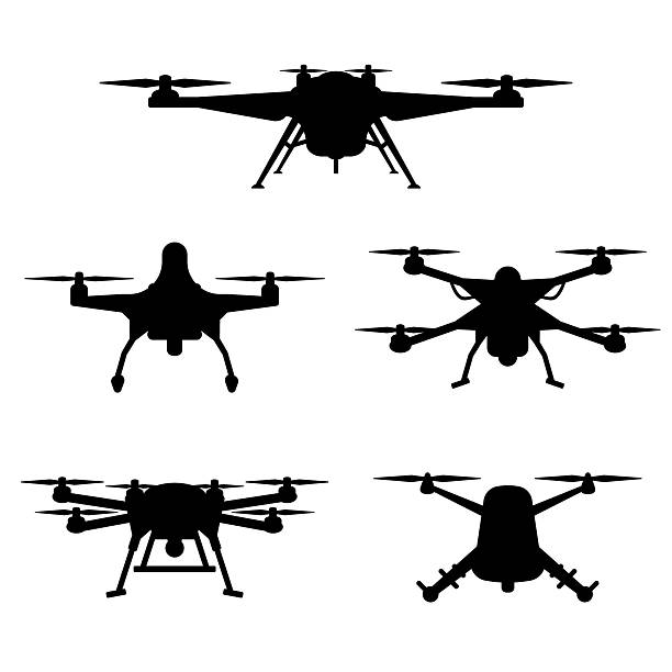 Silhouettes of various quadcopter drones viewed from top and front angles, showing different drone frame designs used for surveillance, civilian, or military applications. Transparent background