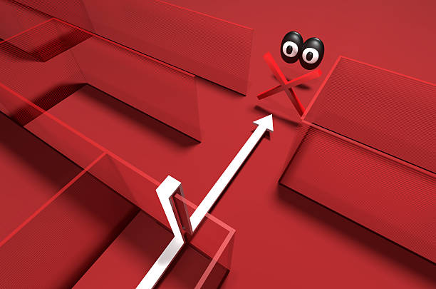 X on the eye marks a blind spot in surveillance. This hand-drawn illustration depicts an attack bypassing a complex security system, represented by a maze. Created manually without the use of AI tools